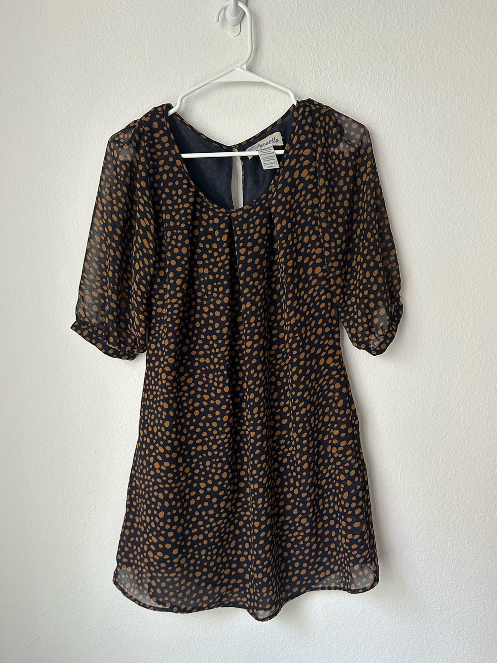 Navy and Tan Polka Dot Sheer Sleeve Dress - size small